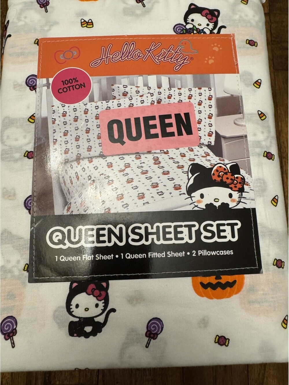 Sanrio Hello Kitty 100% Cotton Black Cat Costume Halloween Queen Bed Sheet Set